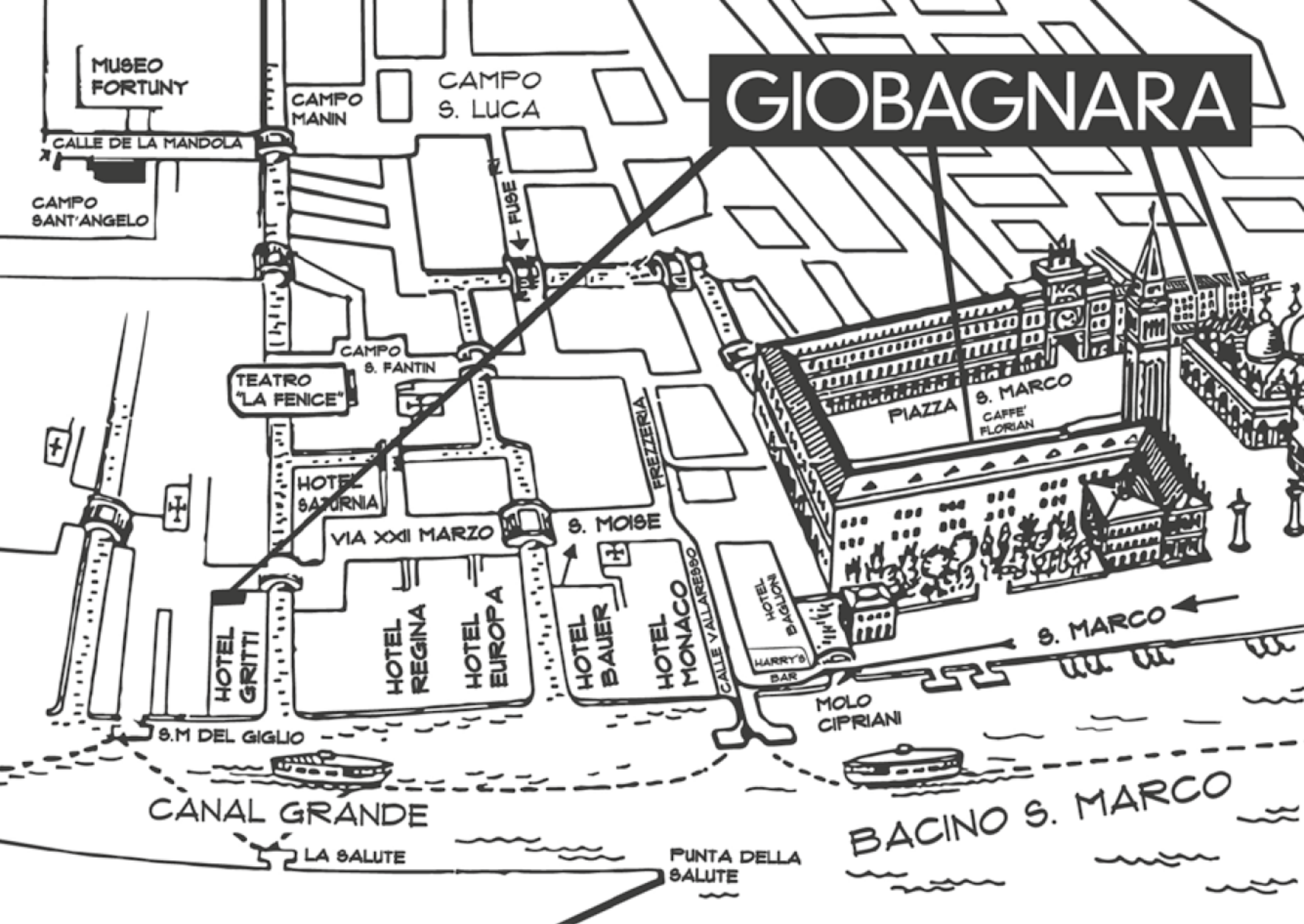 Hand drawn map of Venice with GIOBAGNARA VENEZIA sales points indicated