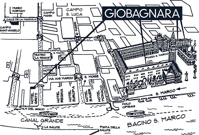 Hand drawn map of Venice with GIOBAGNARA VENEZIA sales points indicated