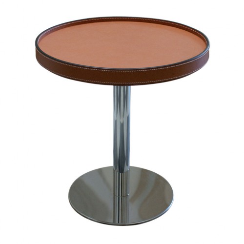 Round table small with structure in stainless steel, top in wood covered in leather - IVAN | Giobagn...