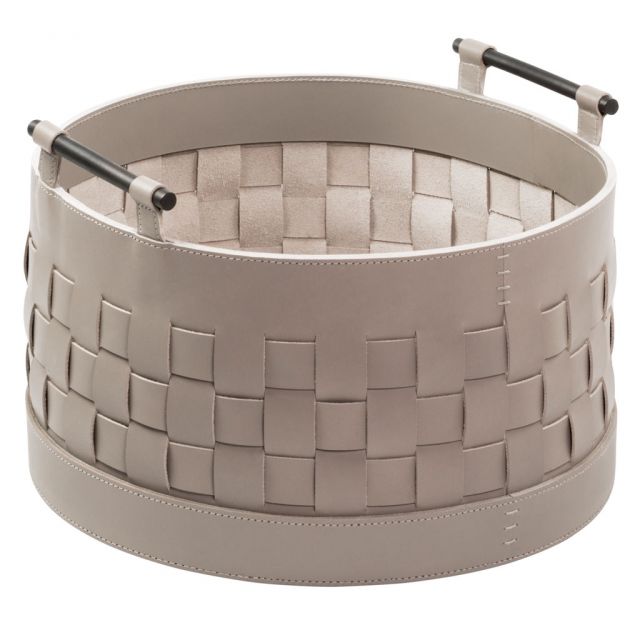 Round low storage basket in woven leather - Ravenna | GioBagnara Venezia