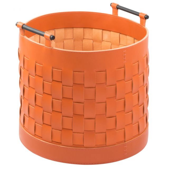 Round low storage basket in woven leather - Ravenna | GioBagnara Venezia