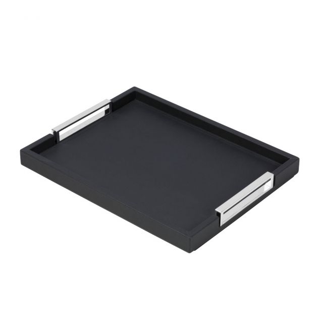 High quality wood tray covered in leather with chrome-plated metal handles - VICTOR | Giobagnara