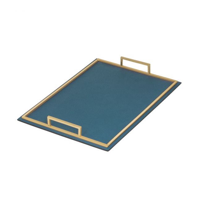 Rectangular tray with metal base covered in leather with brass frame and handles - DEFILE | Giobagna...