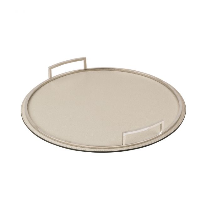 Round tray with metal base covered in leather with brass frame and handles - DEFILE | Giobagnara