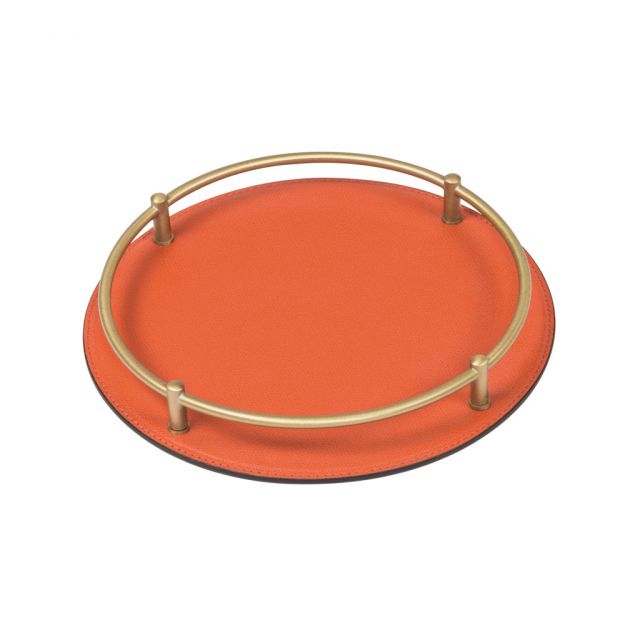 Round tray metal base with leather frame and brass handles with metal finish RONDO' | Giobagnara
