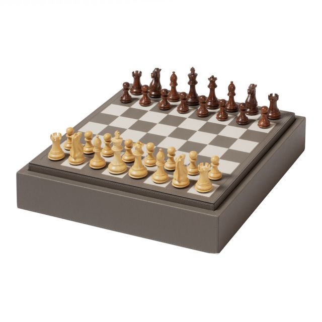 Triple game box chess draughts, domino wooden frame covered in leather | Giobagnara