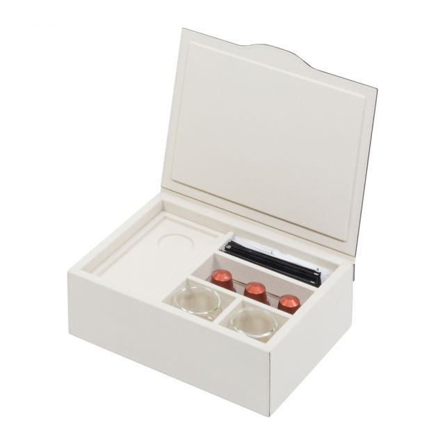 Coffee organizer small Nespresso capsules, wooden frame covered in leather with hinged lid SAINT GER...