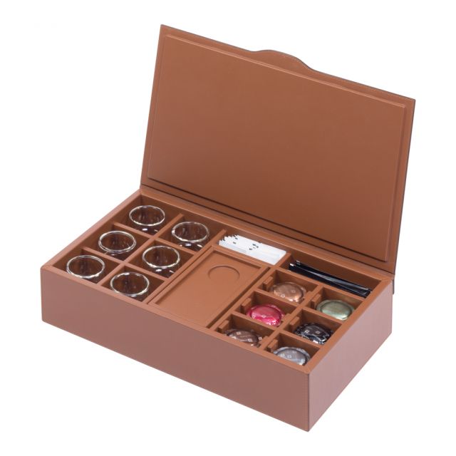 Coffee organizer large Nespresso commercial capsules , wooden frame covered in leather with hinged l...