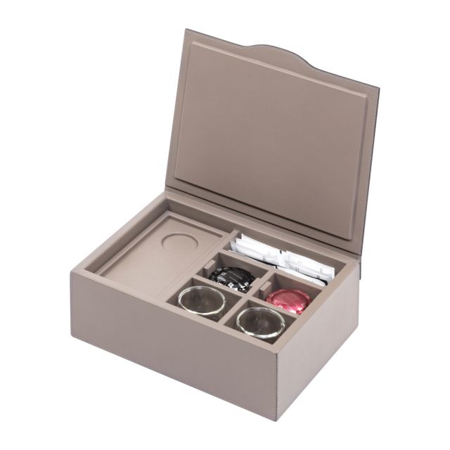 Cofee organizer small Nespresso commercial capsules, wooden frame covered in leather with hinged lid...